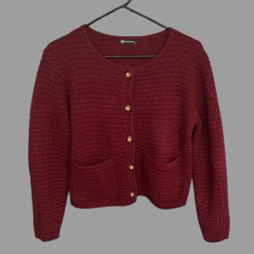 Pretty Garden Burgundy Textured Knit Cardigan - Gold Button Front - Size M - Picture 1 of 7